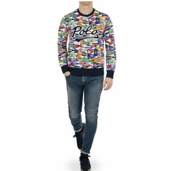 POLO / RALPH LAUREN - Embroidered POLO Pennants Baseball Flags M Sweater - Picture 2 of 11